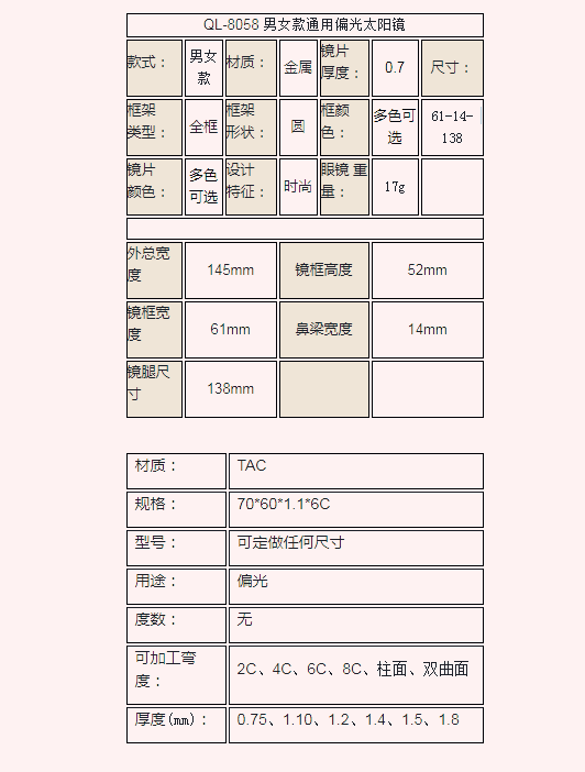 太阳镜各自型号